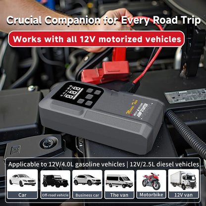 1200A Peak 4-in-1 Jump Starter: Car Battery Booster with LED Work Light, USB Quick Charge Port & Emergency Power Bank.