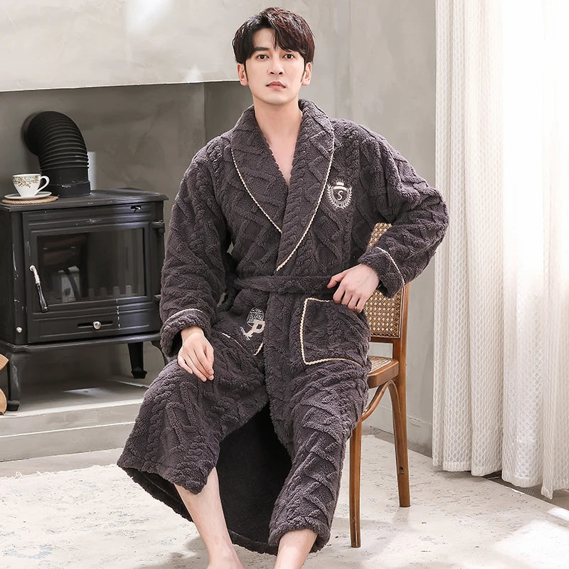 Men Sleepwear Robe Winter Flannel Thicken Terry Robe Male Long Sleeve Kimono Warm Bathrobe Home Wear Peignoir Men Robe