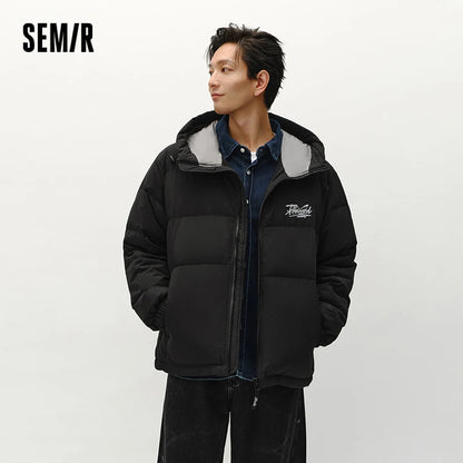 Semir Down Jacket Men Winter 80% Down Fill Loose Hooded Outerwear Textured Street Trendy Letter Printed Top Men'S Clothing