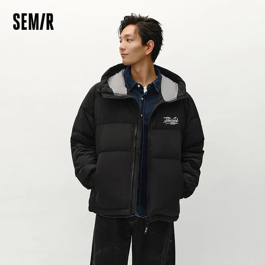 Semir Down Jacket Men Winter 80% Down Fill Loose Hooded Outerwear Textured Street Trendy Letter Printed Top Men'S Clothing