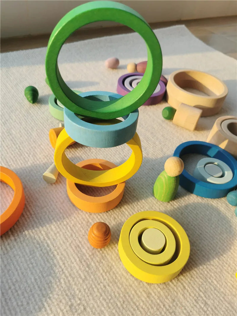 Kids Rainbow Wooden Nest Rings Unpaint Beech Stacking Blocks Creative Loose Parts Montessori Toys
