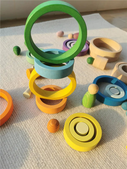 Kids Rainbow Wooden Nest Rings Unpaint Beech Stacking Blocks Creative Loose Parts Montessori Toys