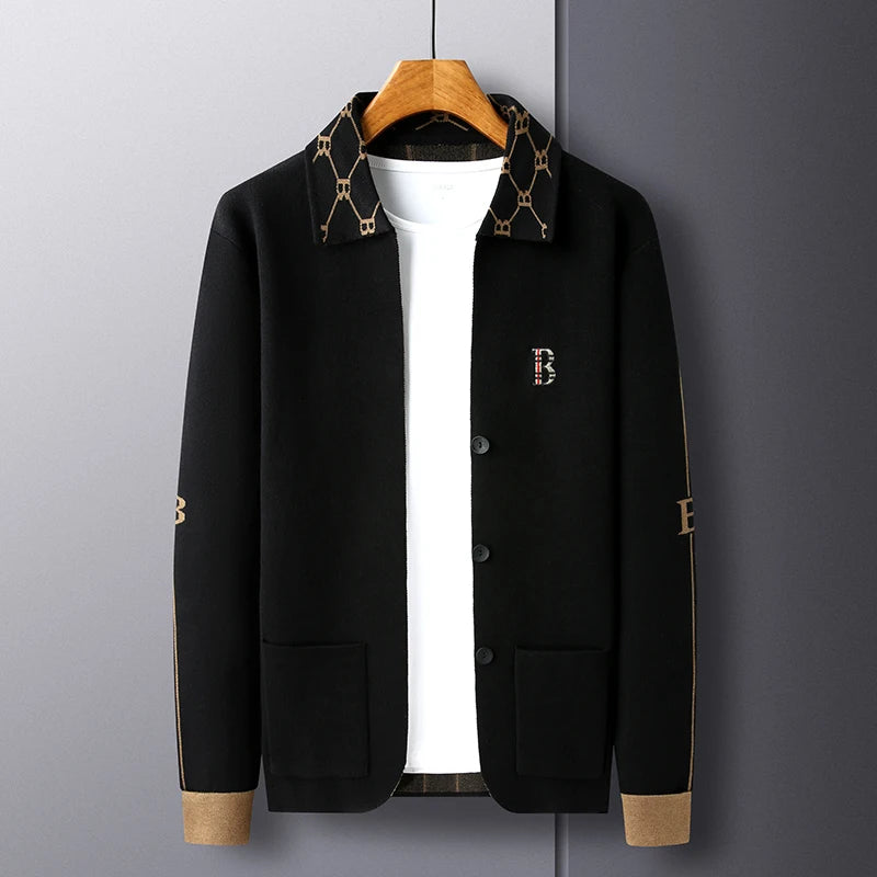 Luxury Brand Men's Autumn Winter Lapel Embroidered Sweater Coat Fashionable Business Three-dimensional Pocket Warm Knitted Jacke