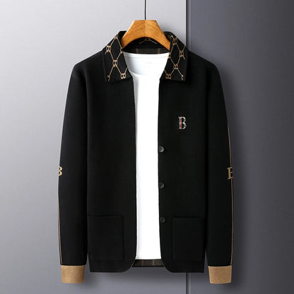 Luxury Brand Men's Autumn Winter Lapel Embroidered Sweater Coat Fashionable Business Three-dimensional Pocket Warm Knitted Jacke