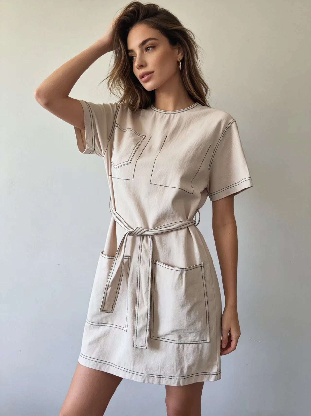 fenggejiwo women's casual pure cotton crew neck dress with waist tie dress