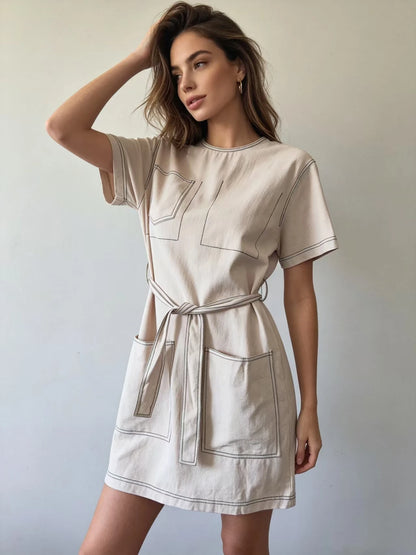 fenggejiwo women's casual pure cotton crew neck dress with waist tie dress