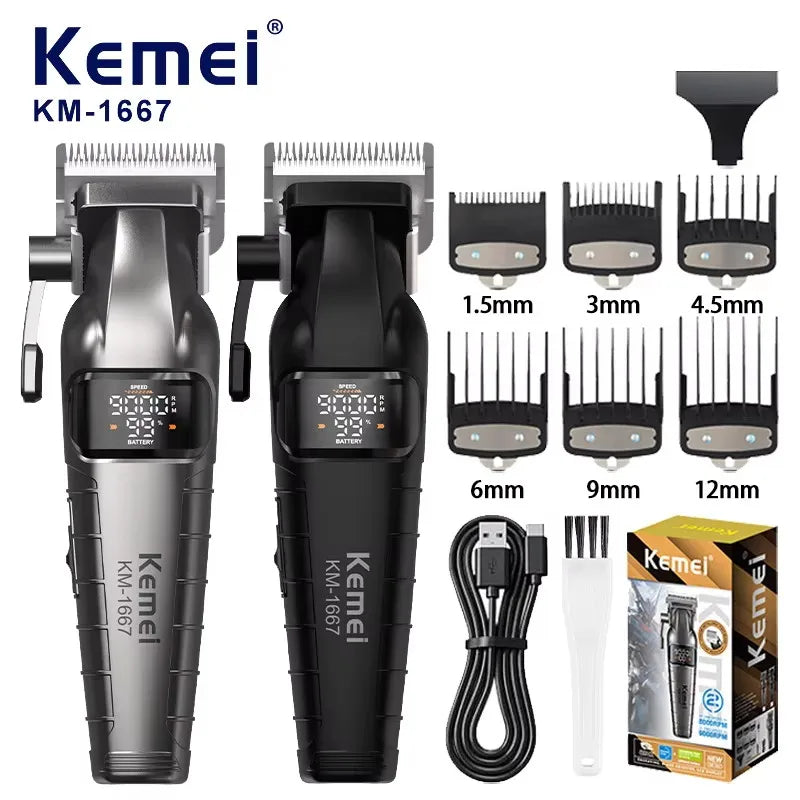 Kemei KM-1667 Trimmer Professional 10W 9000RPM Motor Rechargeable Hair Clippers DLC blades LED Display Trimmer Man