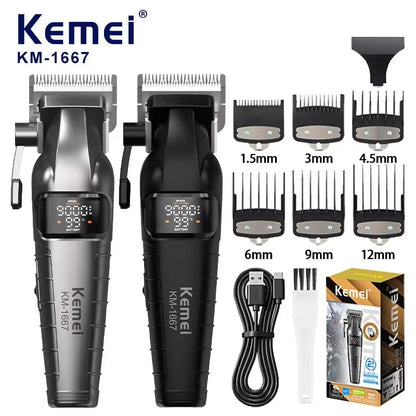 Kemei KM-1667 Trimmer Professional 10W 9000RPM Motor Rechargeable Hair Clippers DLC blades LED Display Trimmer Man