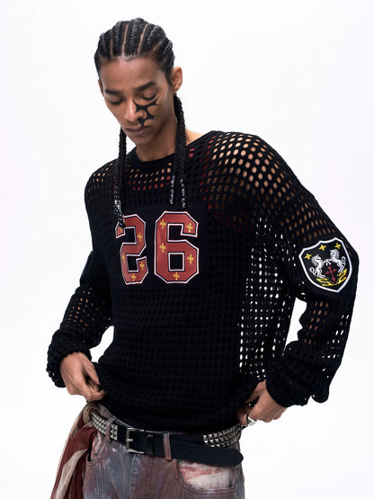 Black Hollow out Knitted Sweater for Men Spring Summer Thin Style Embroidery Punk Style Casual Wear Comfortable And Breathable