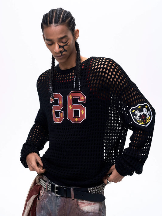 Black Hollow out Knitted Sweater for Men Spring Summer Thin Style Embroidery Punk Style Casual Wear Comfortable And Breathable