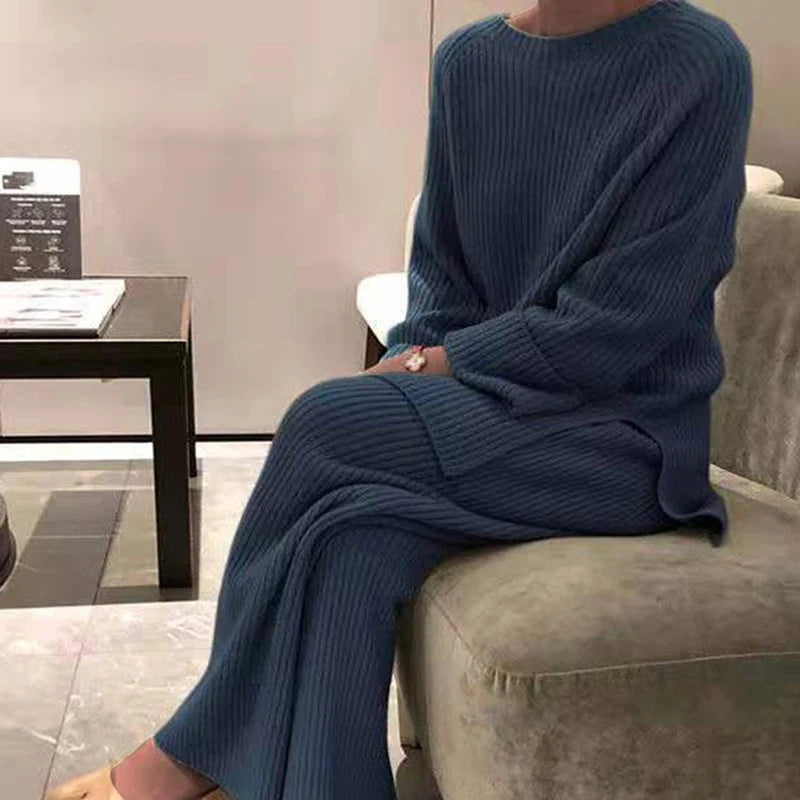 Women Elegant Sweater Suit Elegant Knitted Two Pieces Set Autumn Winter Oversized Pullover and Trousers Suit Female Outfits 2022