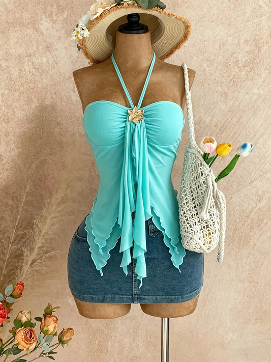 Ladies' asymmetrical collar camisole with shell decoration, suitable for beach vacations, summer, summer spring, Valentine's Day