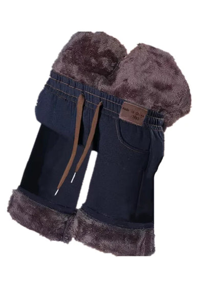 High Waist Fleece Lined Casual Straight Leg Jeans Slimming Effect Synthetic Denim Elastic Wide Leg Pants for Women