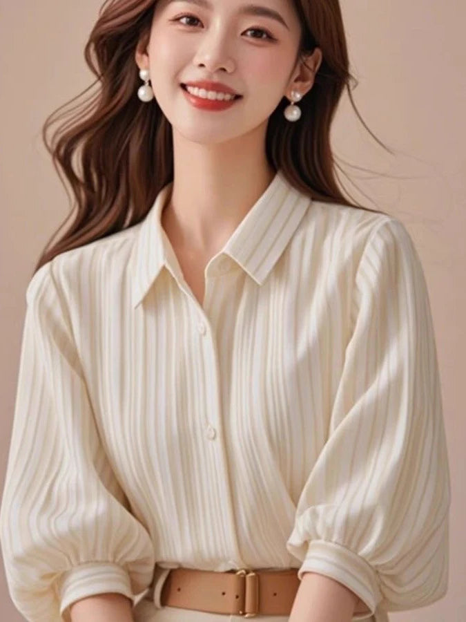 Elegant  Collar Striped Shirt Women's Summer 2025 New Style Lantern Sleeve Commute Top Trendy Loose Fit Seven Sleeve