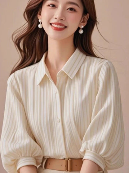 Elegant  Collar Striped Shirt Women's Summer 2025 New Style Lantern Sleeve Commute Top Trendy Loose Fit Seven Sleeve