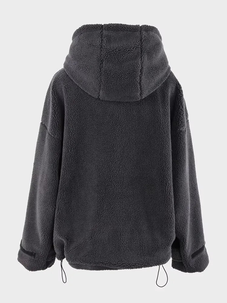Nerazzurri Autumn Winter Oversized Black Warm Faux Fur Coat Women with Drawstring Hood Long Sleeve Zip Up Fluffy Jacket Menswear