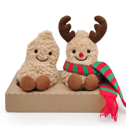 17cm Christmas Peanut & Reindeer Plush Toys Fuzzy Stuffed Animals with Antlers Red Nose Scarf Soft Doll for Kids Gift Home Decor