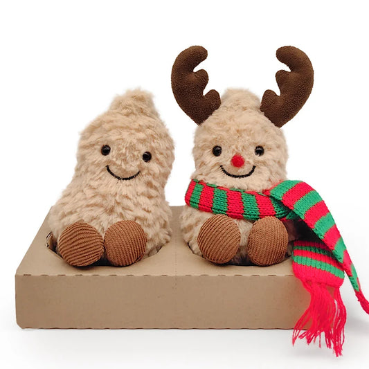 17cm Christmas Peanut & Reindeer Plush Toys Fuzzy Stuffed Animals with Antlers Red Nose Scarf Soft Doll for Kids Gift Home Decor