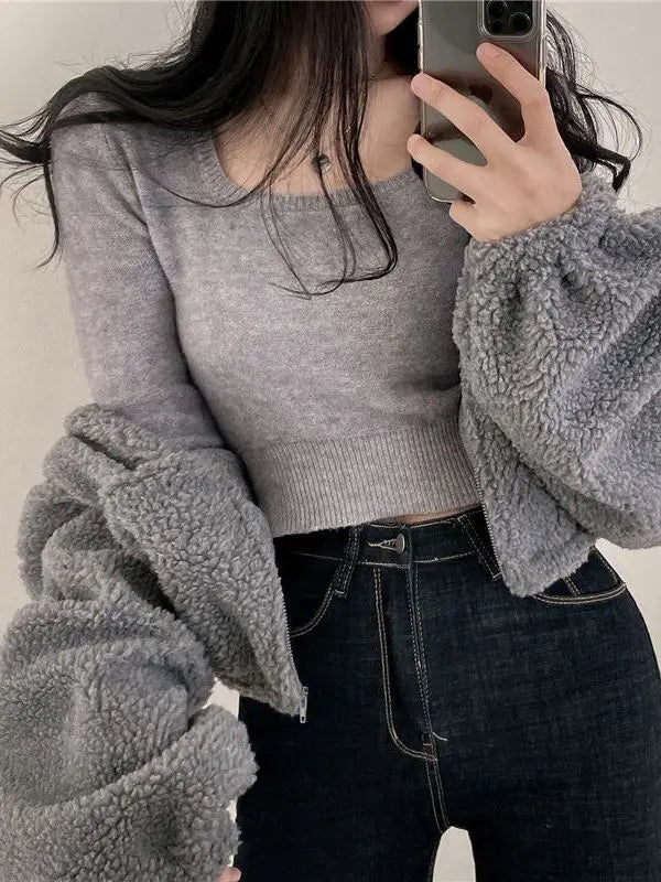 Korean Style Short Zipper Hoodie Women's Loose Fit Lamb Fur Vest Autumn Winter Streetwear Casual Long Sleeve Stand Collar Coat