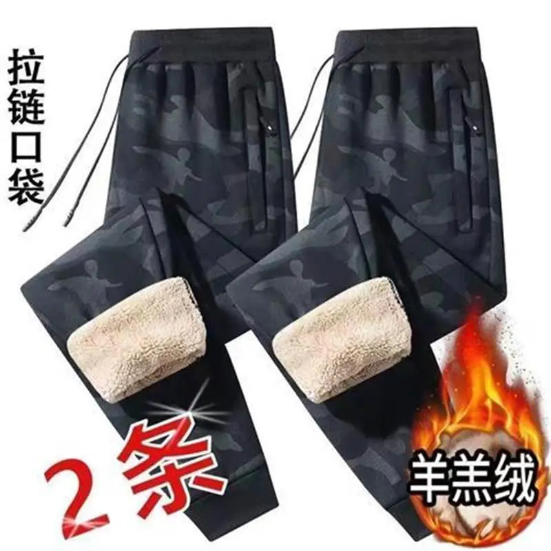 Men's Autumn Winter Thickened Large Size Lamb Velvet Fleece Lined Warm Loose Casual Pants Polyester Fiber Youth Pure Color