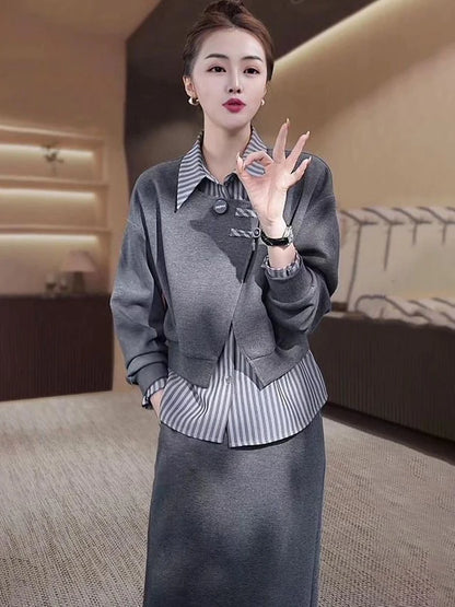 Fashionable Fake Two-Piece Hoodie Split  Skirt Set Women's Long Sleeve  Collar Polyester Fiber Slimming Design Autumn...
