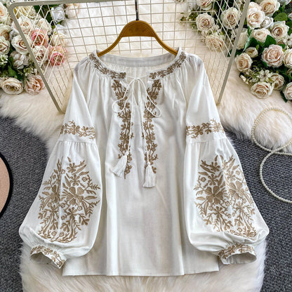 Bohemian Vacation Style Women's Shirt round Neck Lantern Sleeve Embroidery Heavy Work Autumn Design Sense Knot Design Top