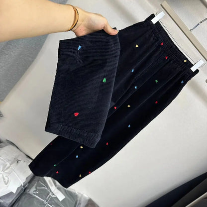 Fall Winter plus Size Fleece Lined Thick Corduroy Wide Leg Pants Women Casual Loose Heart Embroidery Knife  Pants