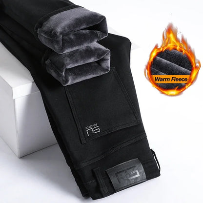 Winter Black Elastic Warm Jeans Men's High Quality Thick Fleece Elastic Slim Straight Denim Pants Korean Fashion Plush Trousers