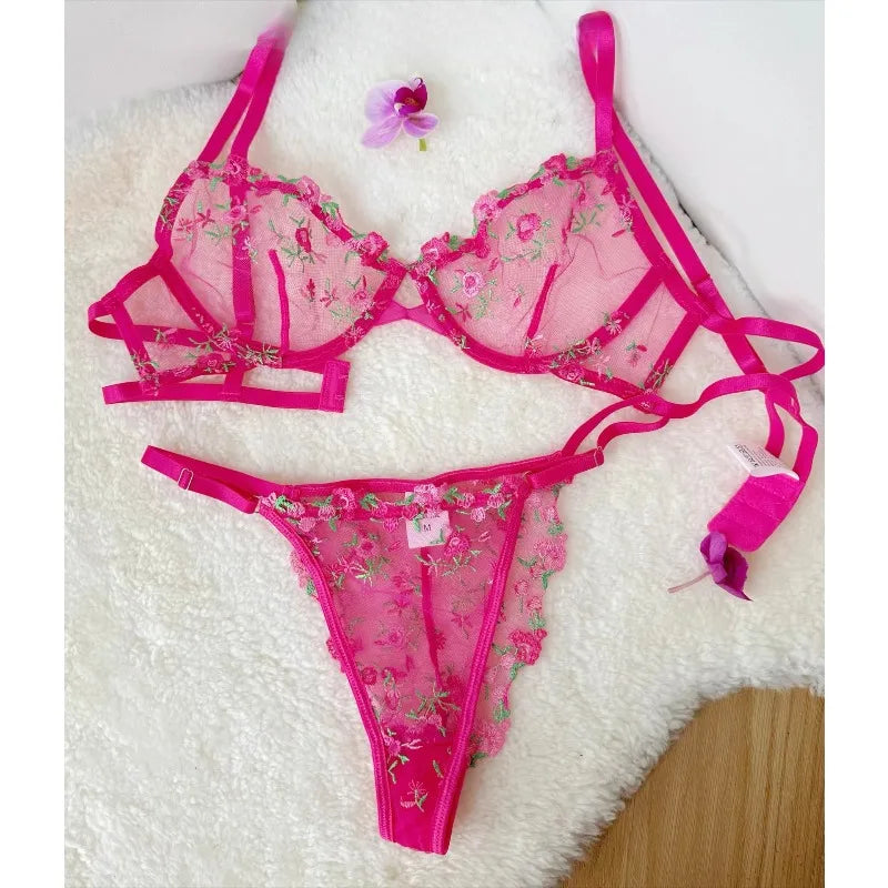 Sexy Floral Embroidery Mesh Bra Set Sweet Sheer Lace Lingerie Soft Comfort Breathable Underwear Suit Party Dating Daily Wear Bra