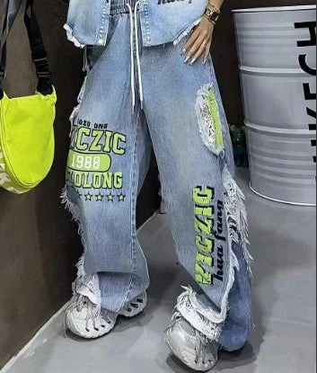 Casual Lace Hollow out Patchwork Summer New Women's Outfit Loose Top with Digital Letter Print Matching Long Pants