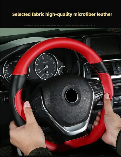 Leather Hand Sewn Steering Wheel Covers Universal DIY Braiding Car Steering Wheel Cover Car Accessories Steering Wheel Wrap 38CM