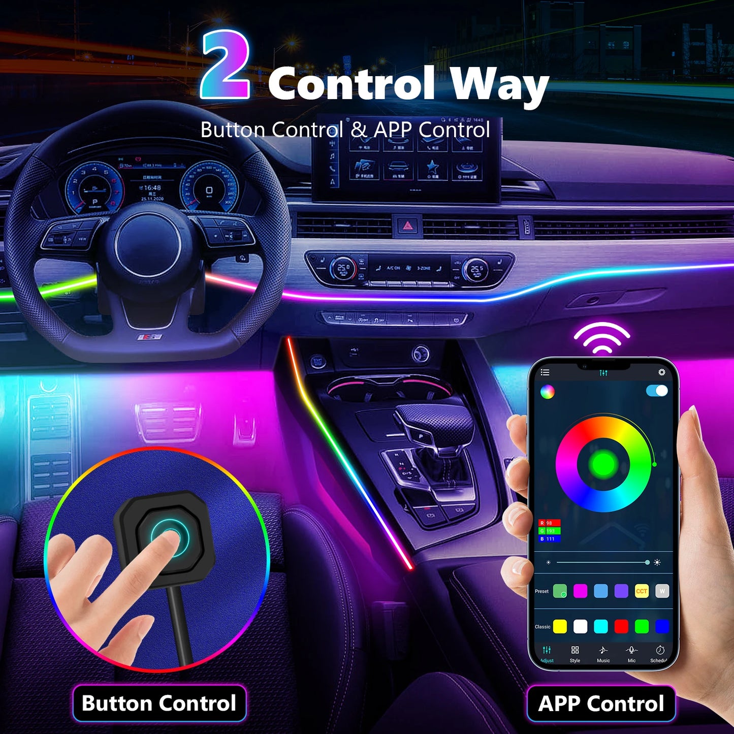 22in1 Symphony Car Ambient Light RGB 213 Color Universal Car Accessories Interior LED Lights Strip Acrylic Backlight Guide Light