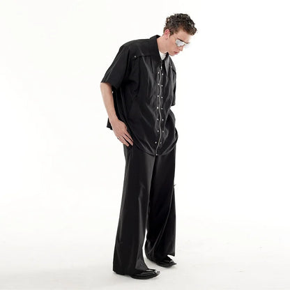 Men's Metal Zipper Button Solid Y2K Summer Shirts 2026 High Street Fashion Trend Casual T-shirts Moto & Biker Oversized Tee Tops