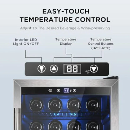 Wine Cooler 37 Bottle Freestanding Fridge with Stainless Steel Reversible Glass Door, 145 Can Beverage Refrigerator Quiet Compr