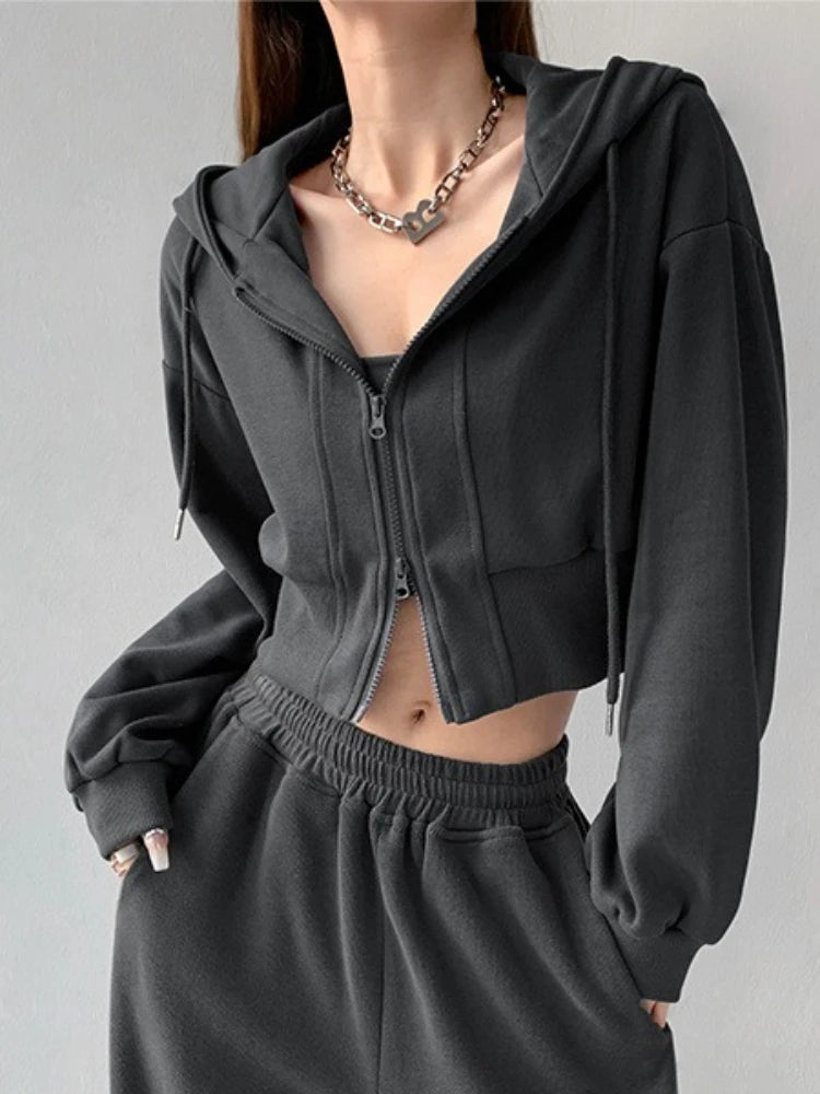 Full Zip Up Women's Hoodies Sweatshirts Plain Korean Clothing Aesthetic 90s Vintage Essential Basic Female Hooded Top Cropped