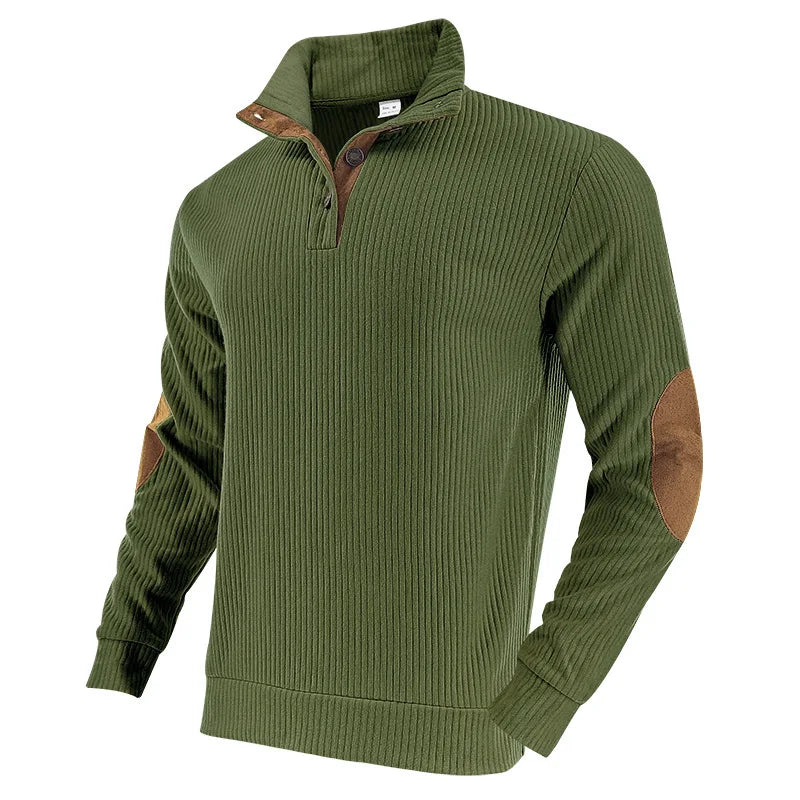Men's Ribbed Henley Sweater Half Zip Pullover with Elbow Patches Stand Collar Long Sleeve Casual Retro Autumn Top