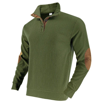 Men's Ribbed Henley Sweater Half Zip Pullover with Elbow Patches Stand Collar Long Sleeve Casual Retro Autumn Top