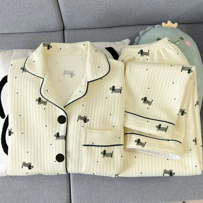 Thickened Air Cotton Sleepwear Set for Women Lazy Bear Cartoon Design Long Sleeve Long Pants Home Clothes Autumn Winter