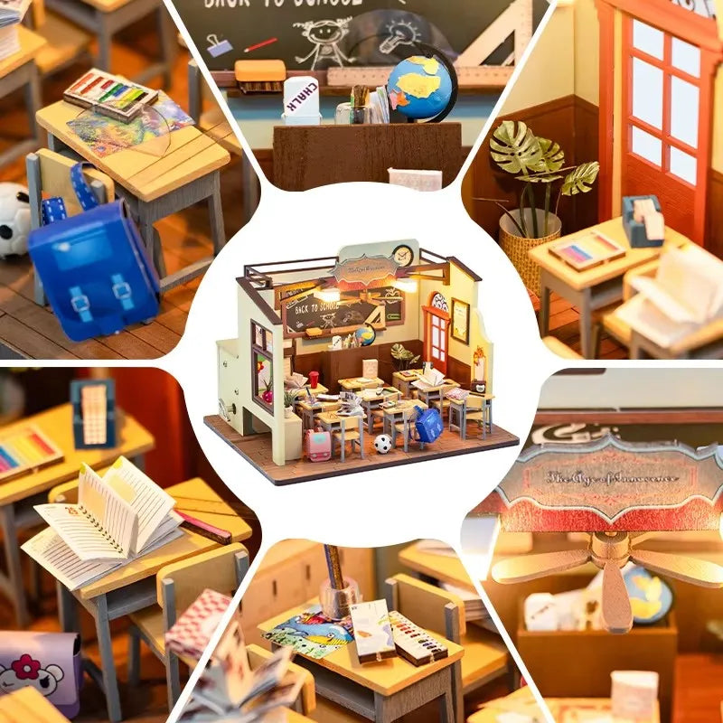 DIY Mini Dollhouses Back To School Miniature Model Doll House For Xmas Mini Wooden 3D Puzzles Classroom Assembly Start Of School