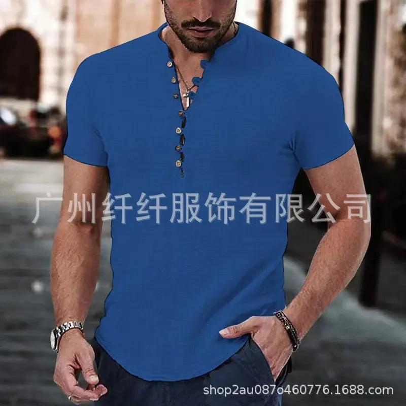 Men's Short Sleeve Linen Shirt Summer Lightweight Casual V-Neck T-Shirt Men Basic Solid Color Loose Fit Top