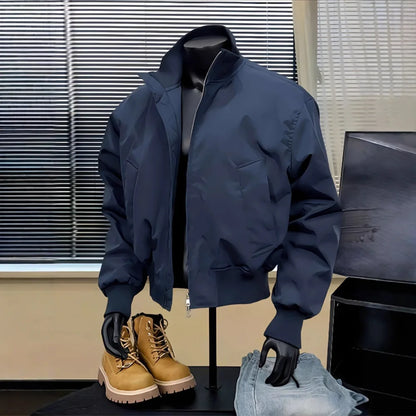 Navy Blue MA1 Flight Jacket Men's Premium Sense Stand-Up Collar Cleanfit Short Shoulder Padded Jacket Mens Jacket