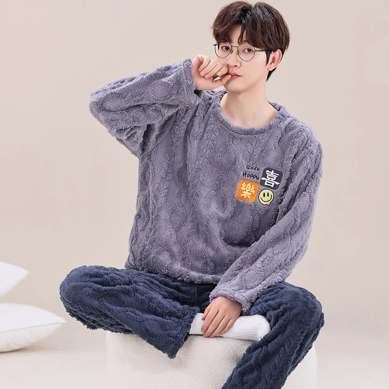 Pajama Set Men O-neck Long Sleeve Striped Comfortable Warm Flannel Mens Pajamas Big Yards XXXL Korean Style Home Clothing Casual