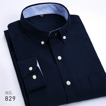 Mens Striped Plaid Oxford Spinning Casual Long Sleeve Shirt Comfortable Breathable Collar Button Design Slim Male Business Dress