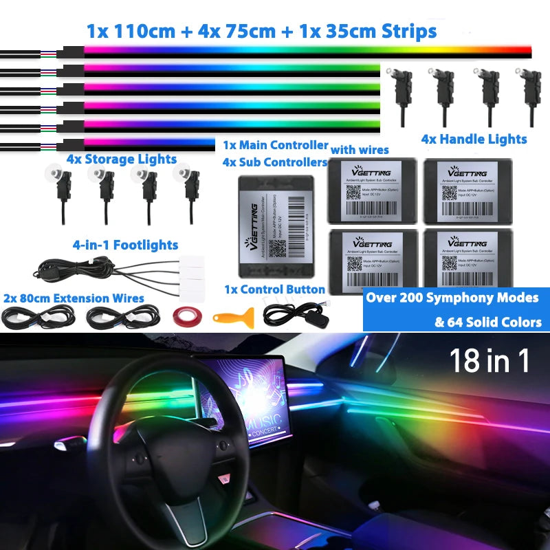 6/18/22 in 1 Led Acrylic Car Ambient Light RGB 64 213 Color Symphony Acrylic APP Streamer Rainbow Atmosphere Lamp Kit Dual Zone