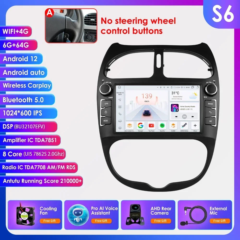 Android 14 Car radio for PEUGEOT 206 206CC 206SW 2000-2005 2006 2007 2008 Multimedia player GPS navi Video 7862 2din Autoradio