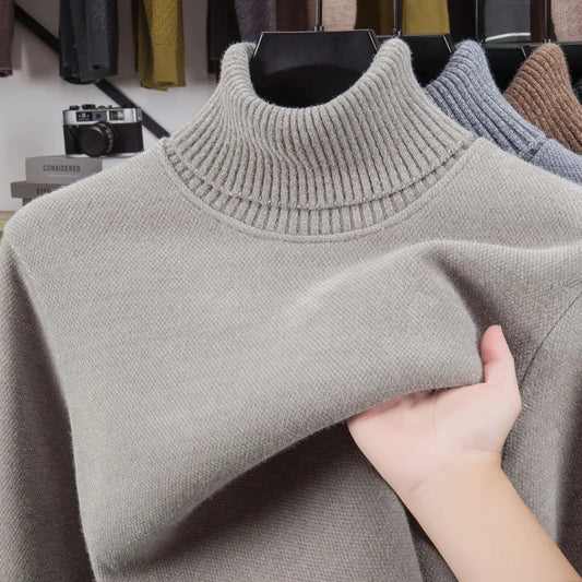 Luxury Man Long-Sleeved Knitwear High Neck Fleece-Lined Thickened Solid Color European American Style Sweater Leisure Men's Wear