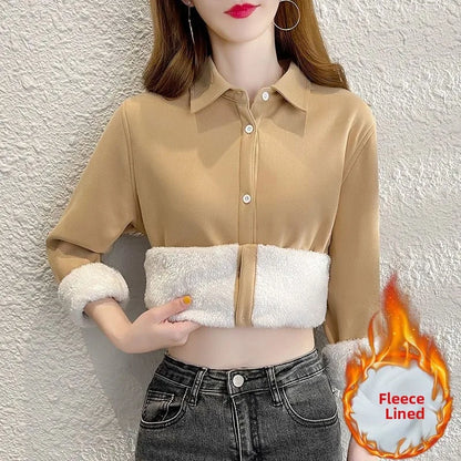 Women's Collared Fleece Lined Thickened Fashionable Shirt Korean Style Commute Wind Loose Fit Long Sleeve Warm Autumn Shirt