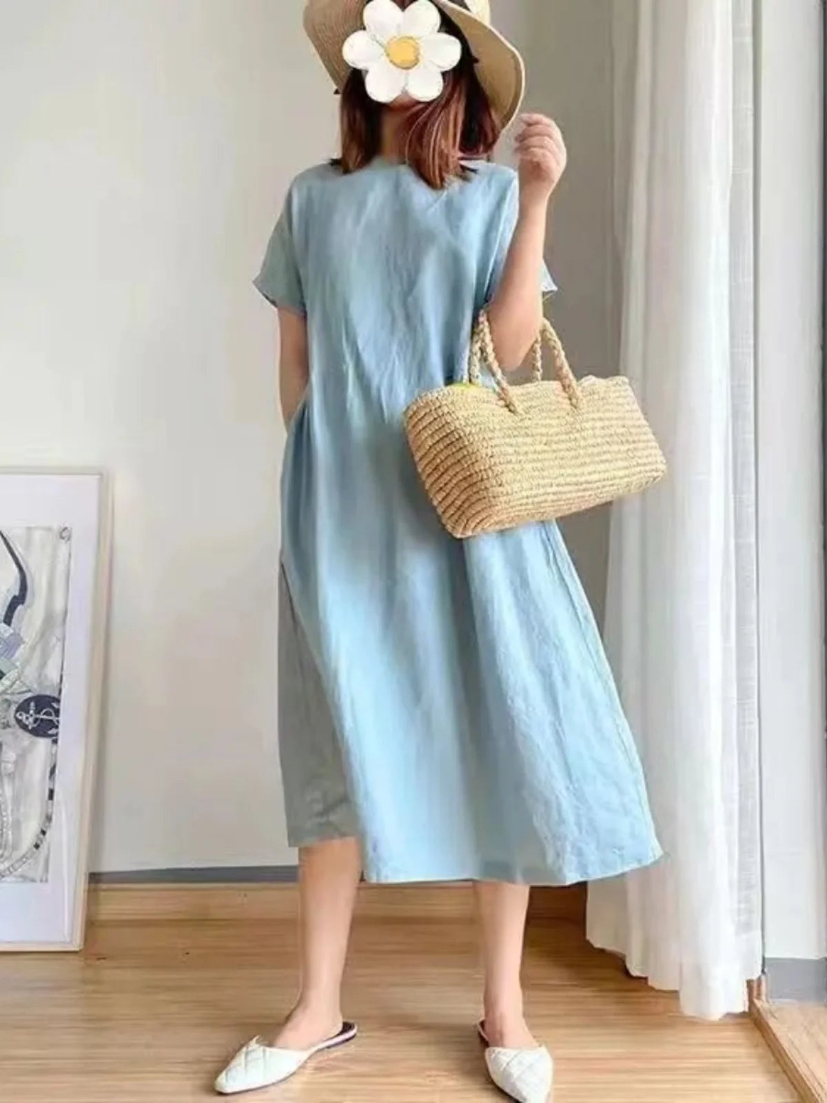 Casual Cotton Linen Dress Artistic Short Sleeve Midi Skirt Women's Fashion Summer round Neck Single Piece A-Line Skirt