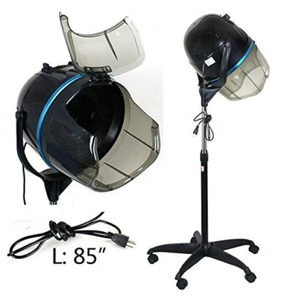 Home salon spa beauty equipment: 1300W professional hooded floor hair bonnet dryer with adjustable height, rolling base, black