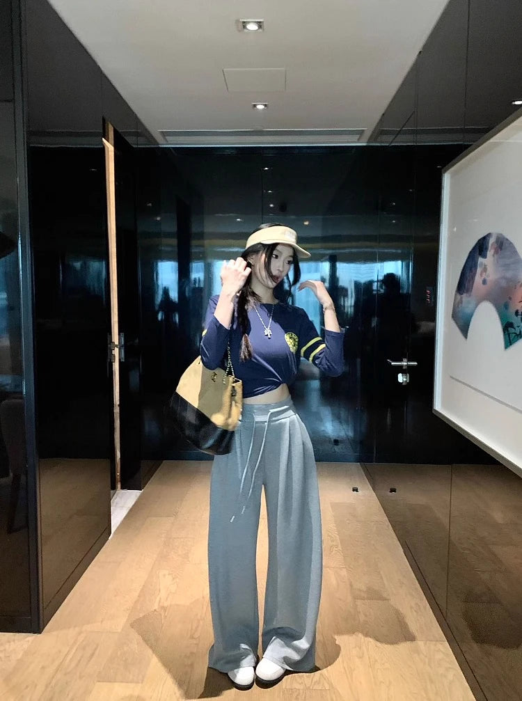 High Waist Wide Leg Sport Pants Women Loose Lazy Style Spring Autumn Casual Straight Long Trousers Comfortable High Waist